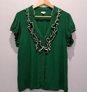 Anthropologie Odille Green Ruffle Trim Cottagecore Coquette Blouse Womens 12